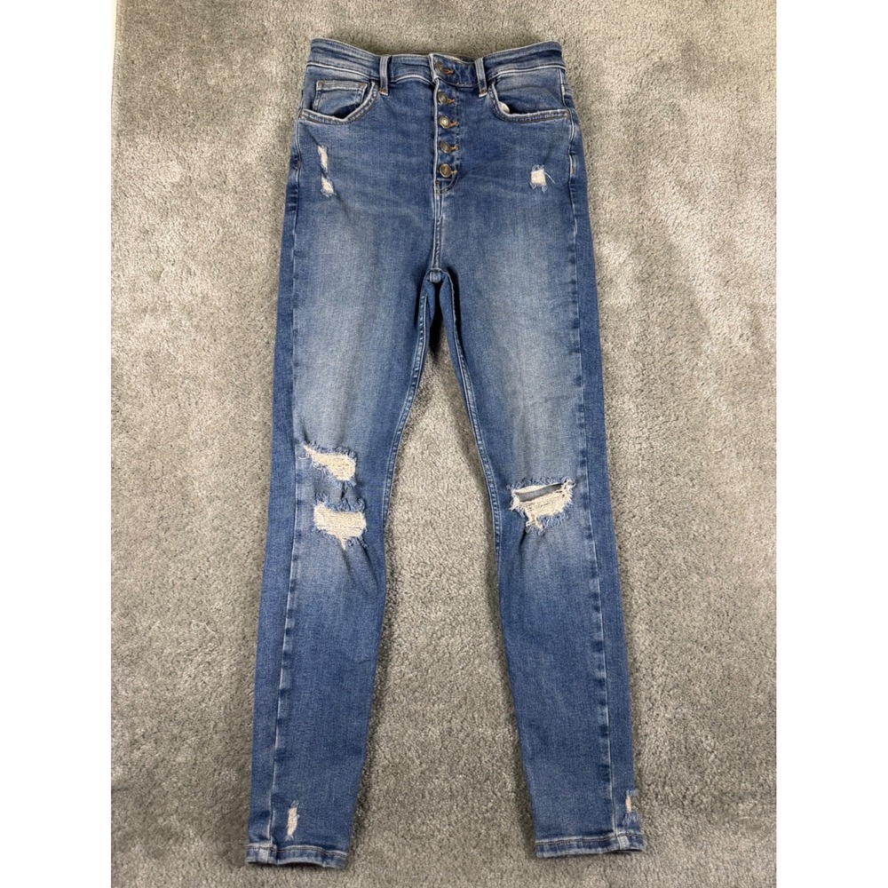 We The Free Free People High Rise Skinny Distressed Button Fly Jeans Blue 28